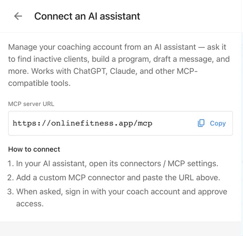 The OnlineFitness.app settings page “Connect an AI assistant” with the MCP server URL and a copy button