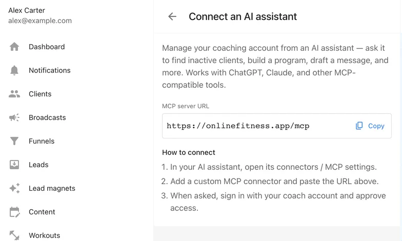 The OnlineFitness.app settings page “Connect an AI assistant” with the MCP server URL and a copy button