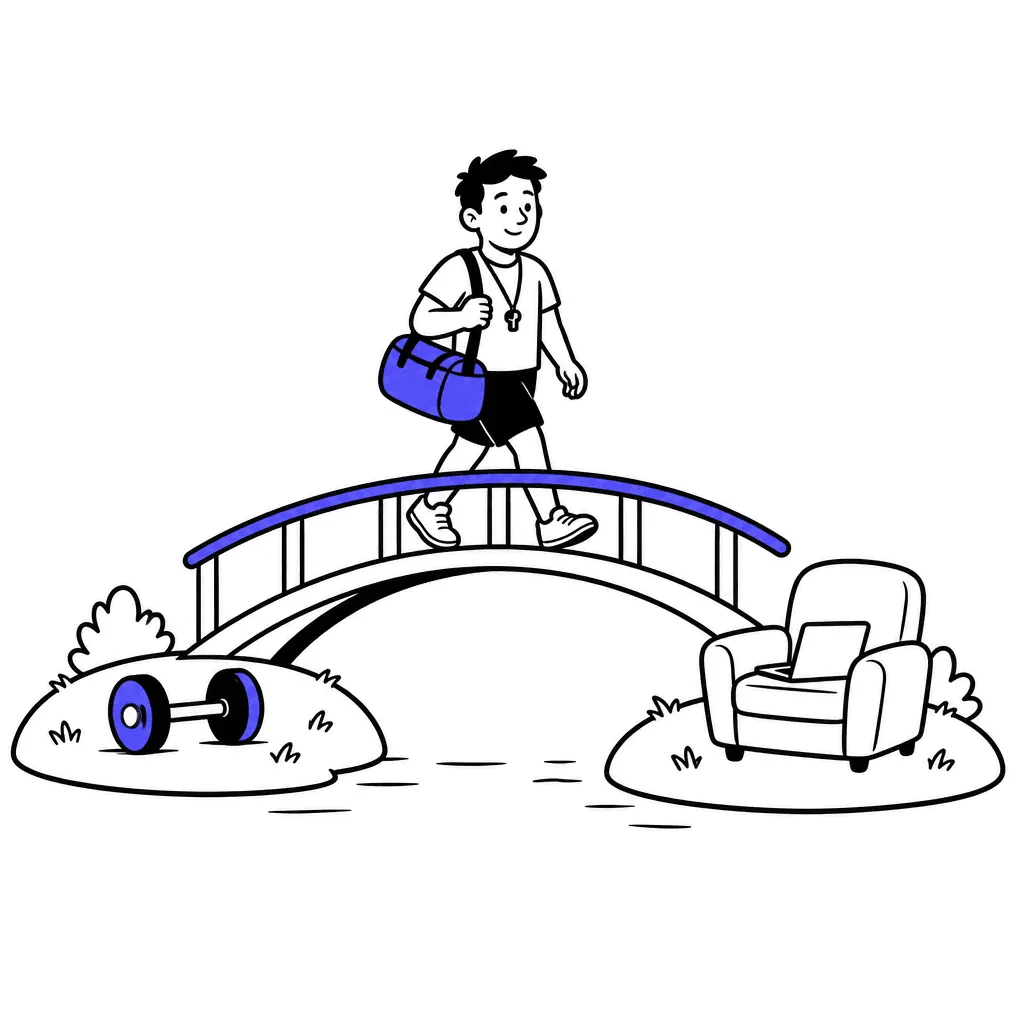 A trainer walks a small bridge between an island with a barbell and an island with an armchair and laptop.