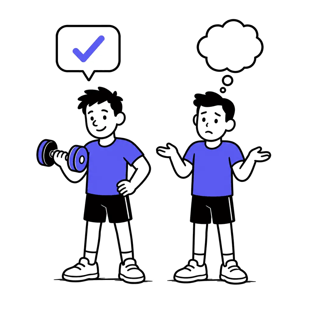 Two client figures: one confident with a dumbbell and a checkmark bubble, one unsure with an empty thought bubble.