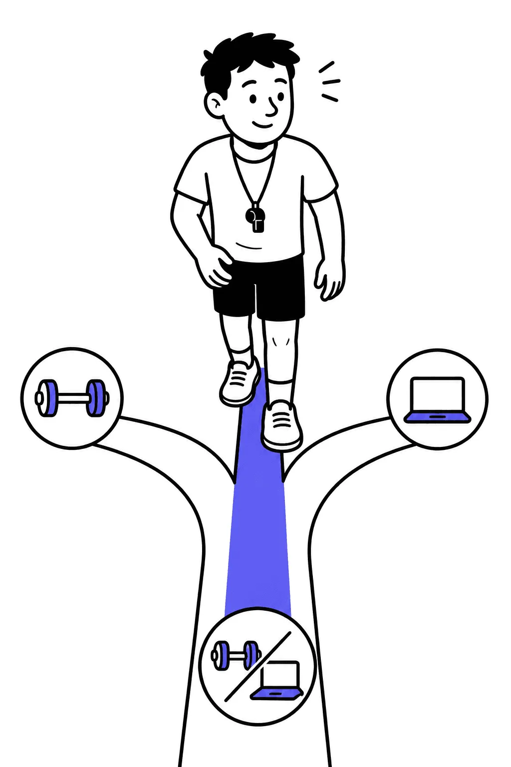 A trainer at a fork of three paths marked with a gym, a laptop, and a half-and-half pictogram — stepping onto the middle path.