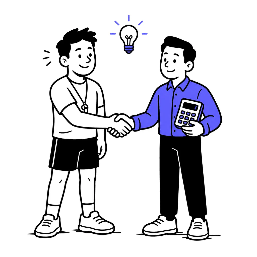 A trainer shakes hands with a person holding a calculator over a neat notebook; a lightbulb glows above.