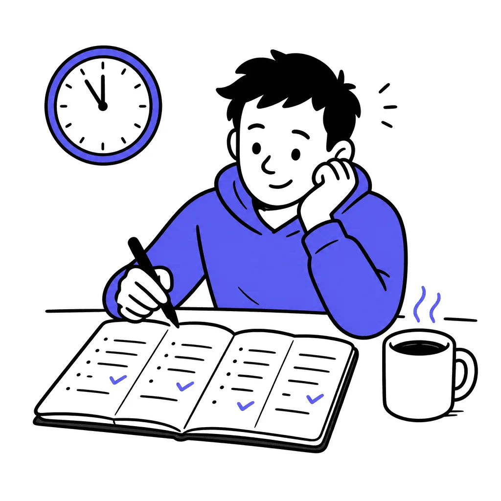 An open notebook with four clean columns and indigo checkmarks, a coffee mug beside it.