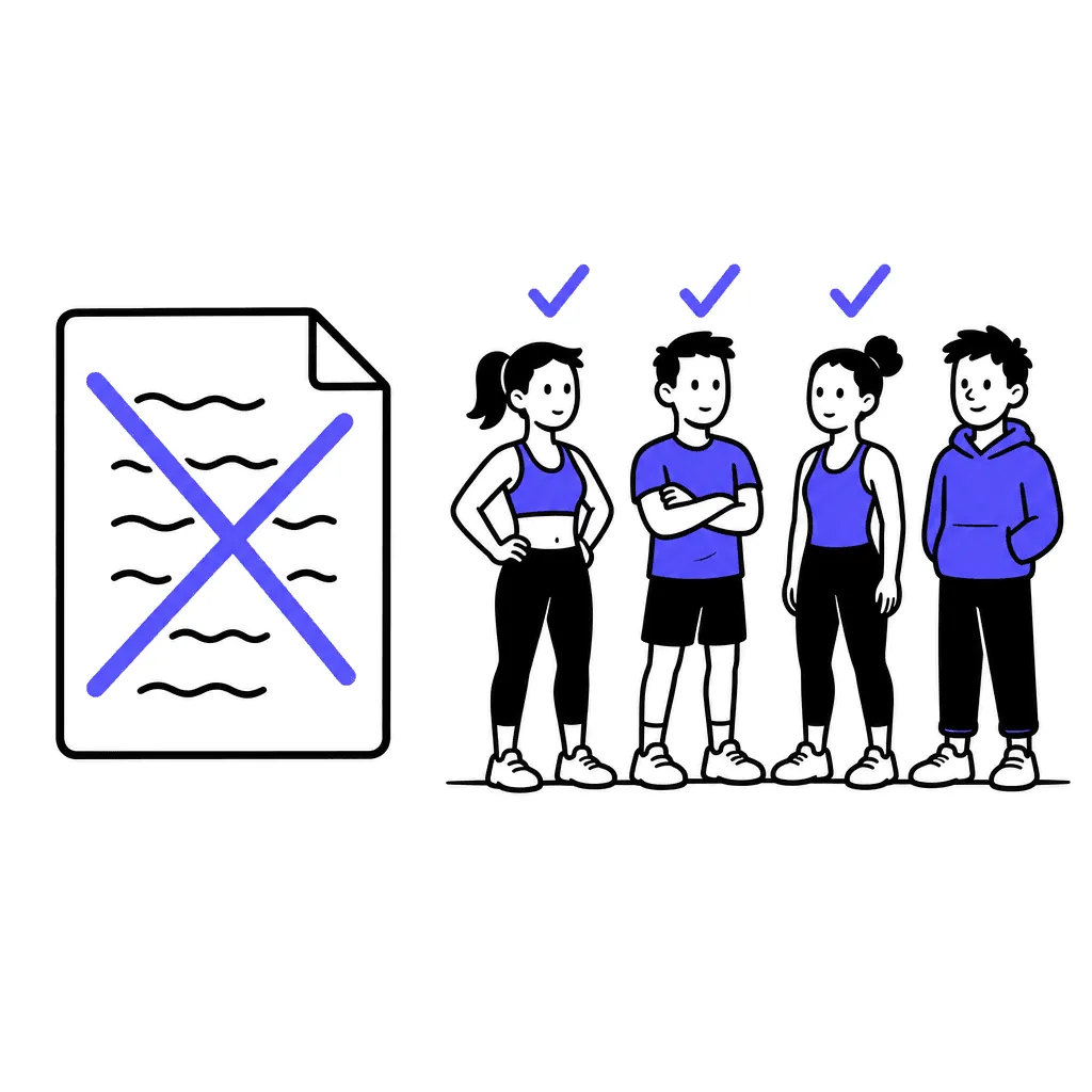 A crossed-out worksheet document next to a row of real people figures with checkmarks.
