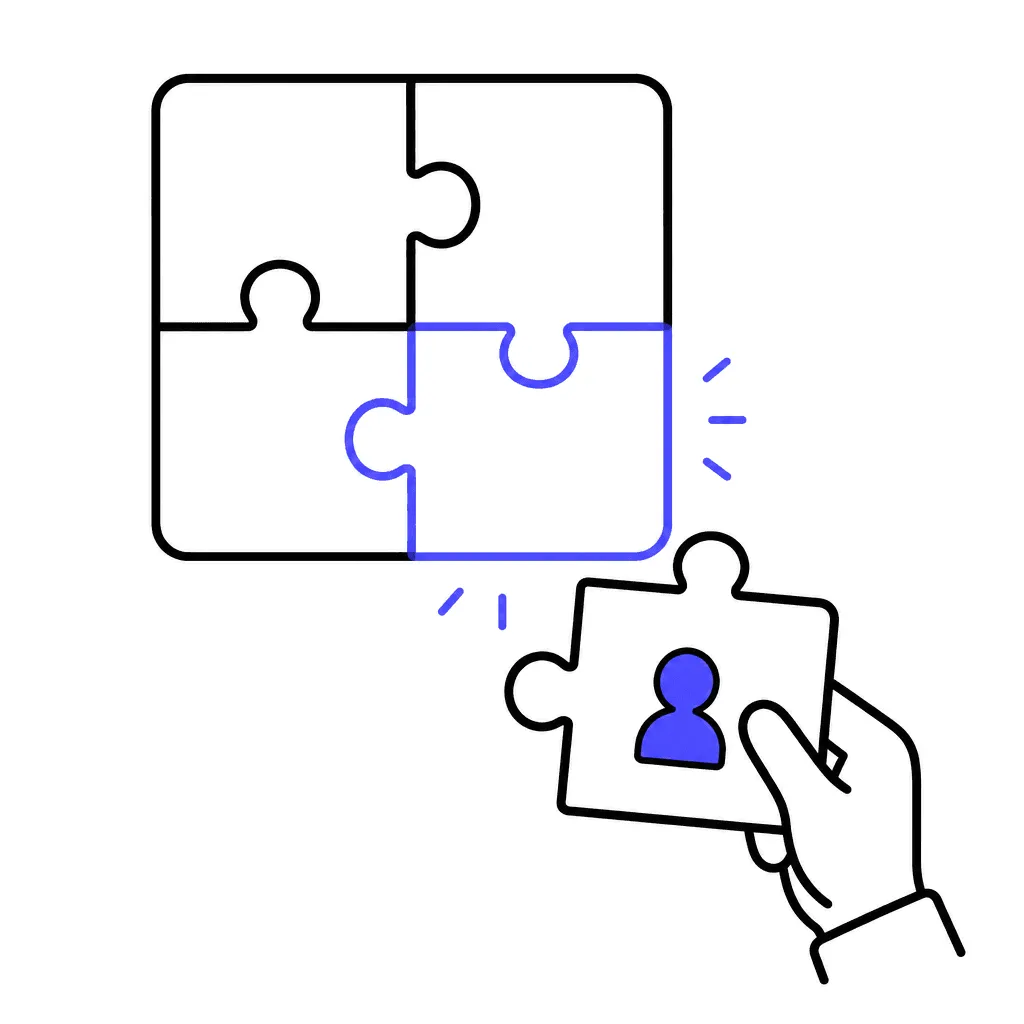 A hand places the final puzzle piece with a person silhouette into a glowing slot.