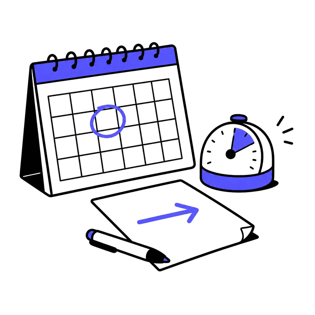 A calendar with one day circled, a kitchen timer, and a single decision arrow on a note.