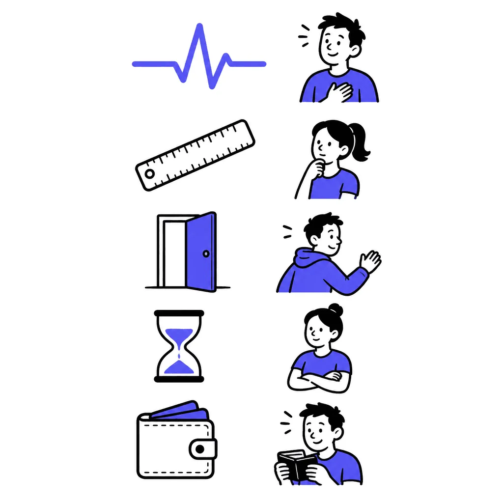 One clean sheet with five pictogram rows: a pulse line, a ruler, an exit door, an hourglass and a wallet.