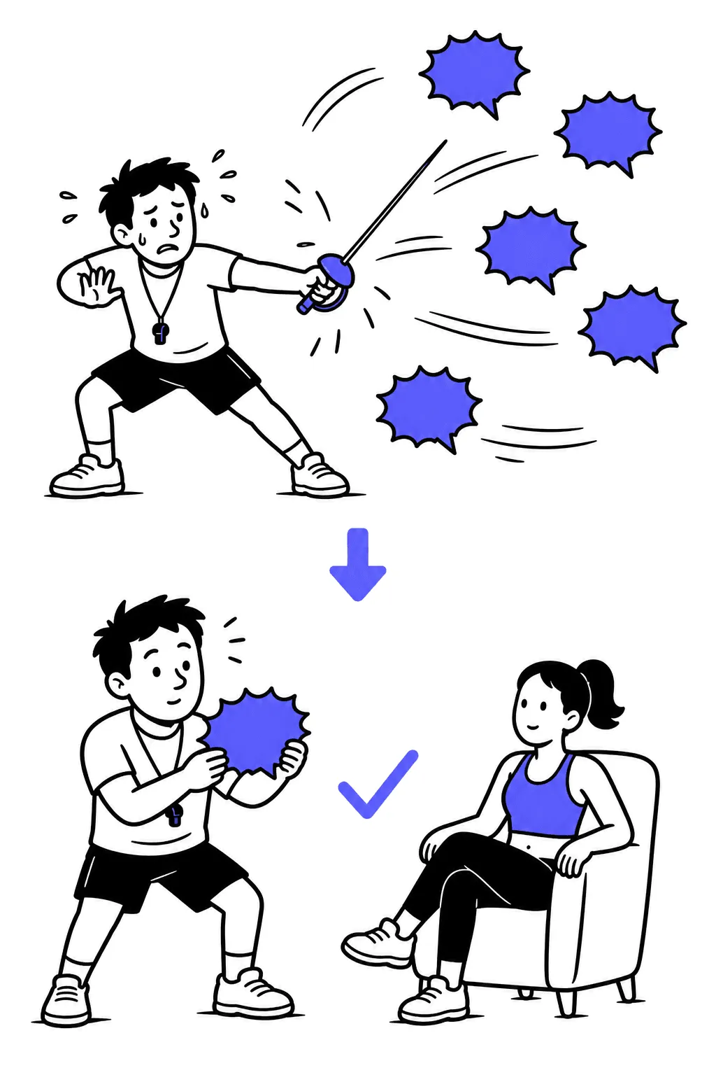 Top: a frazzled fencer-trainer parries flying spiky objection bubbles. Bottom: the same trainer calmly catches one bubble with both hands and studies it.