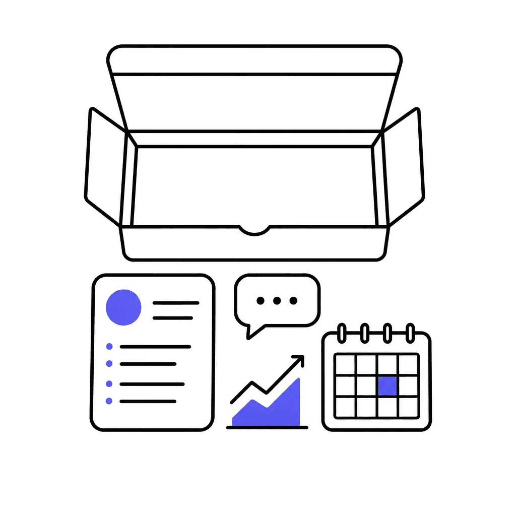 Flat-lay of a coaching offer's contents: a program card, a chat bubble, a rising graph, a calendar.