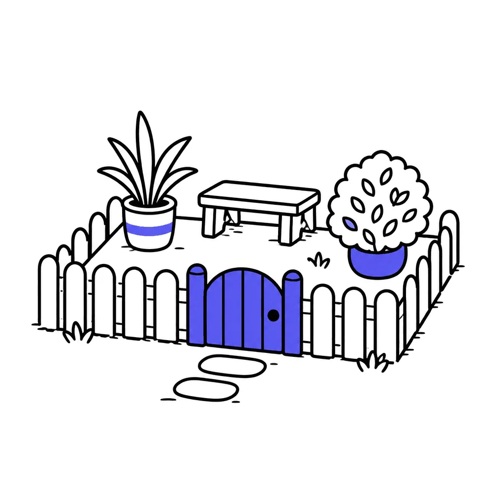 A tiny tidy garden behind a neat low fence with a small indigo gate.