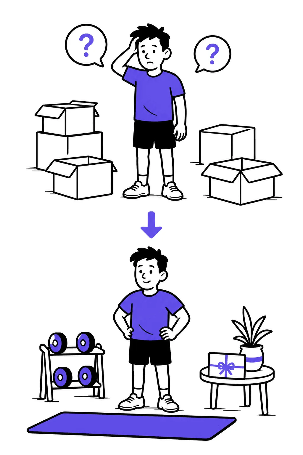 Top: a confused new client among scattered moving boxes and question marks. Bottom: the same room furnished with a mat, dumbbells and a welcome envelope.