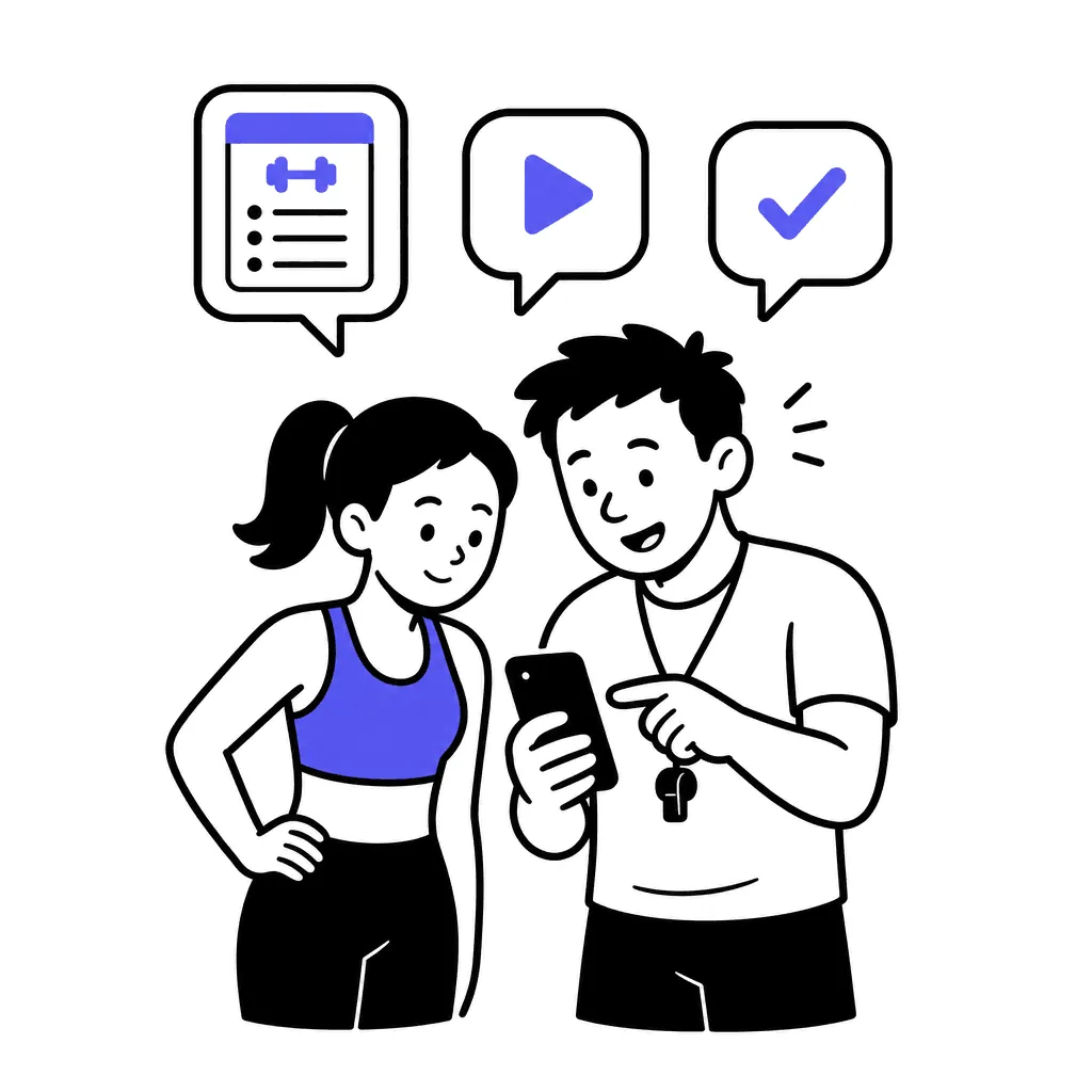 A trainer and client look at one phone together; above them float a program card, a video bubble and a checkmark bubble.