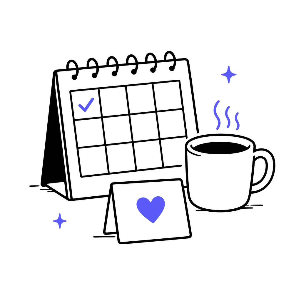A calendar with the first of the month marked indigo, a coffee cup and a small thank-you note with a heart.