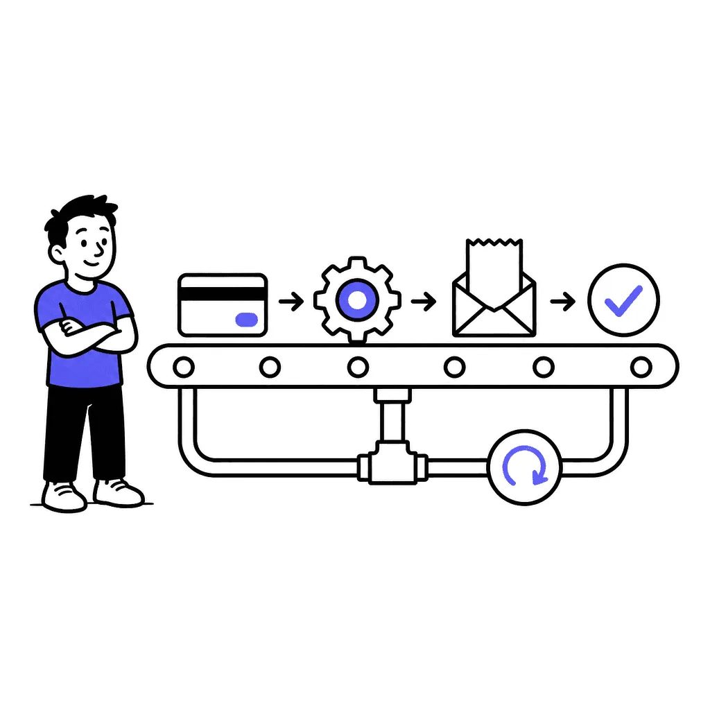 A payment conveyor: card, indigo gear, receipt envelope, checkmark — with a small retry loop on the side.