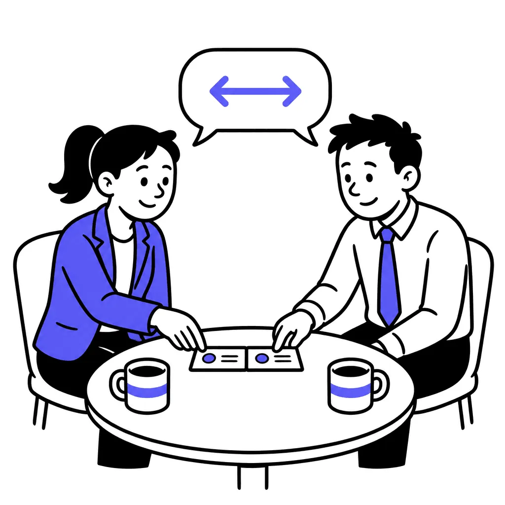 Two coffee mugs and two business cards slid together; a shared speech bubble with a two-way arrow.