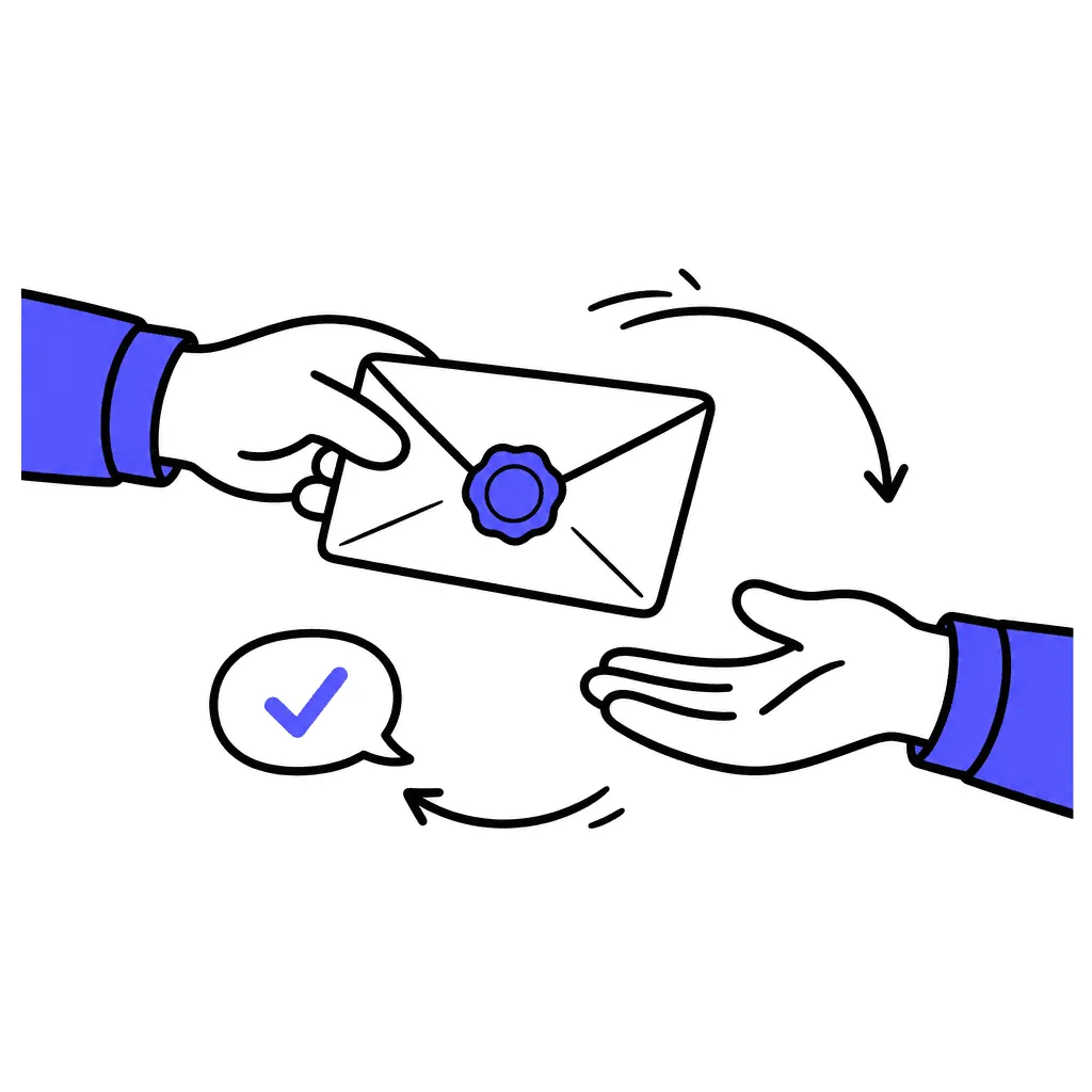 An envelope with an indigo seal passes between hands while a checkmark bubble flies back the other way.