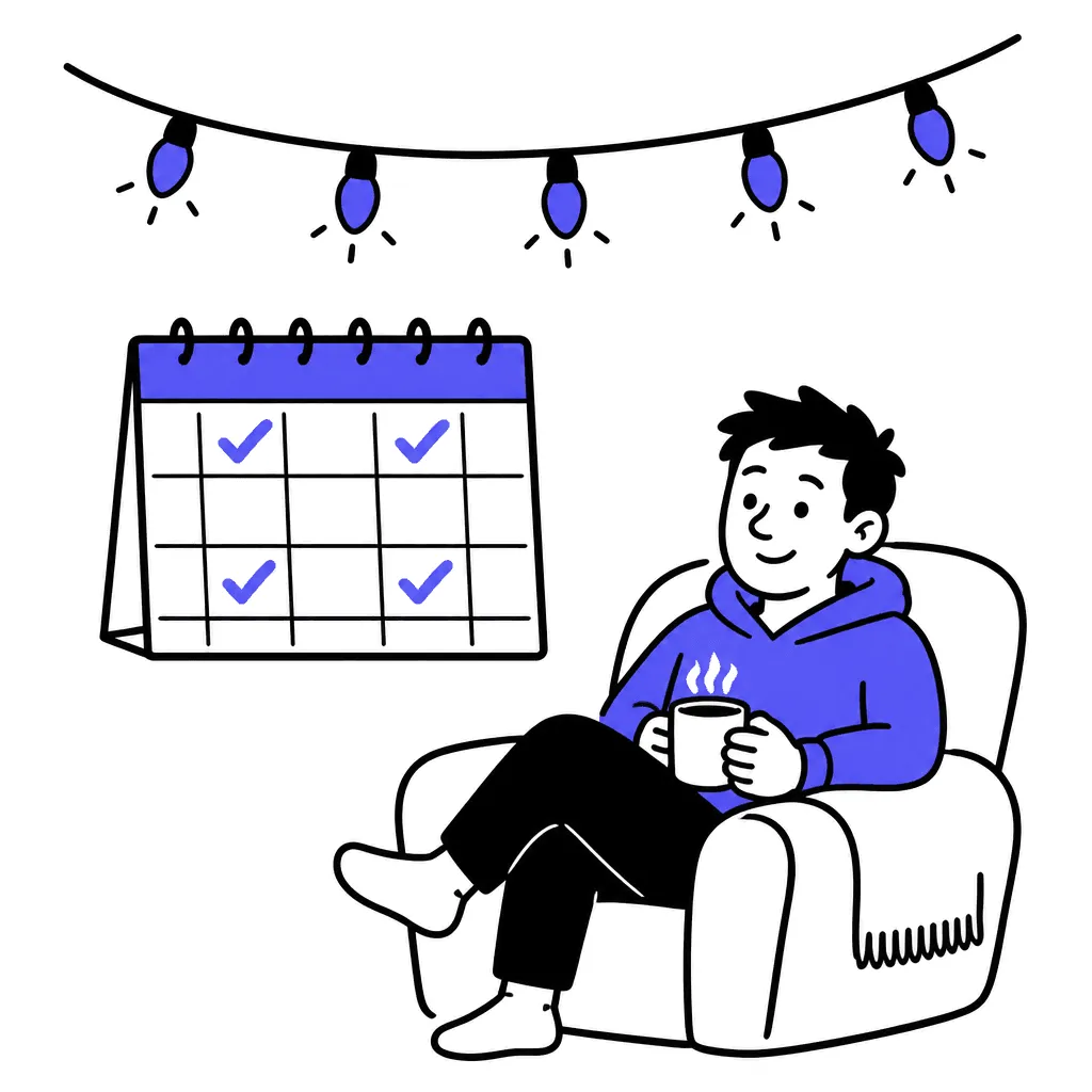 Holiday lights above a small December calendar with just two calm indigo checkmarks per week — and that is the plan.