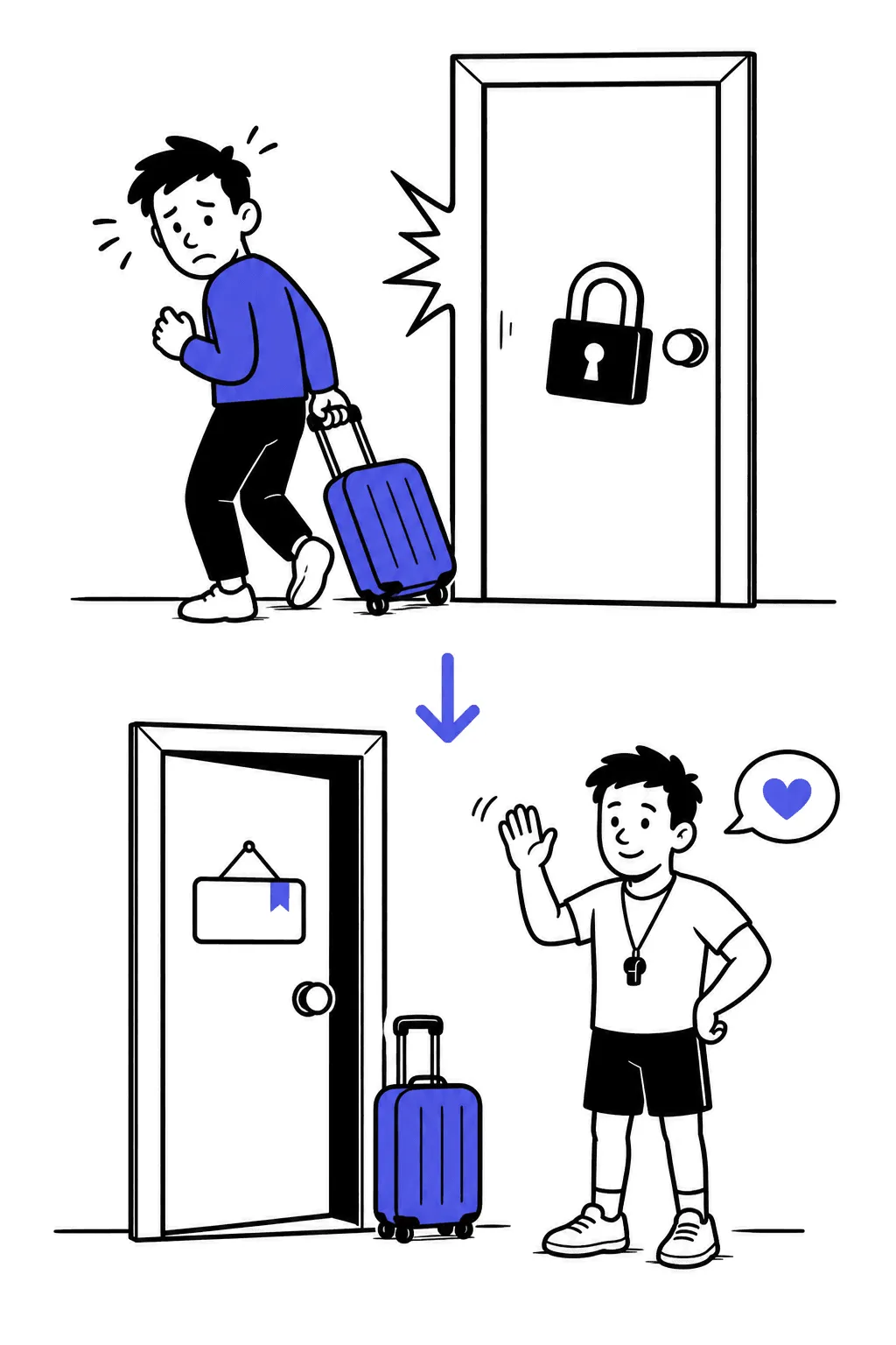 Top: a client with a suitcase backs away guiltily from a slammed, padlocked door. Bottom: the same door ajar with an indigo bookmark sign; the trainer waves a calm goodbye.