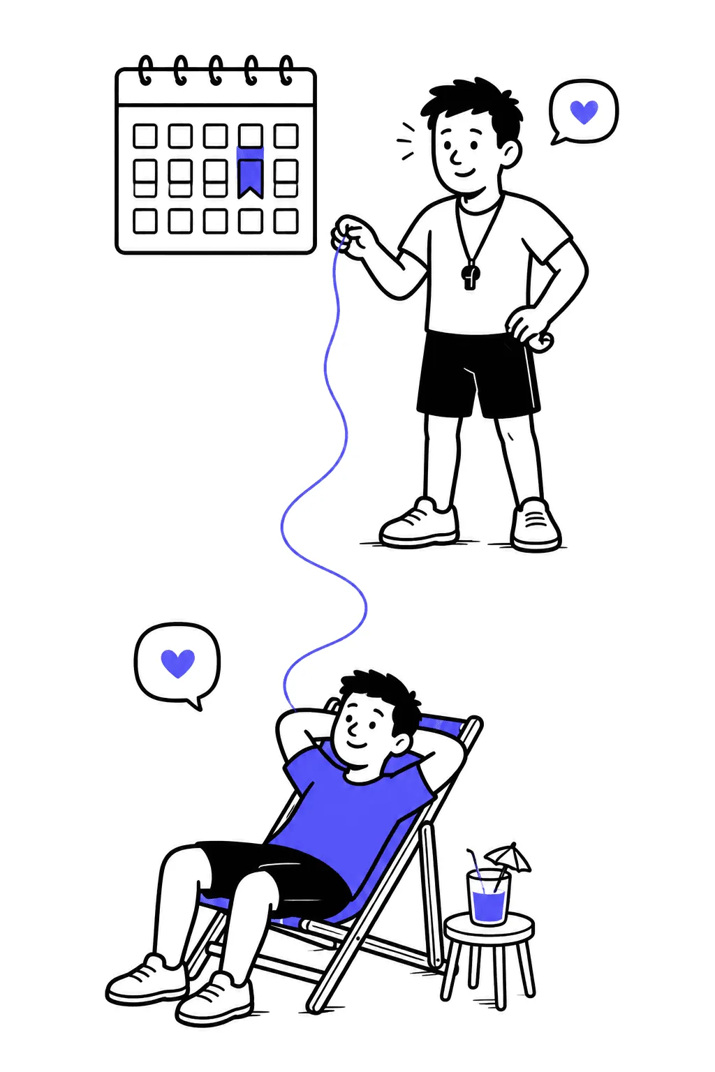 A calendar with an indigo bookmark date; a thin relaxed thread runs from the trainer to a client resting in a deck chair.