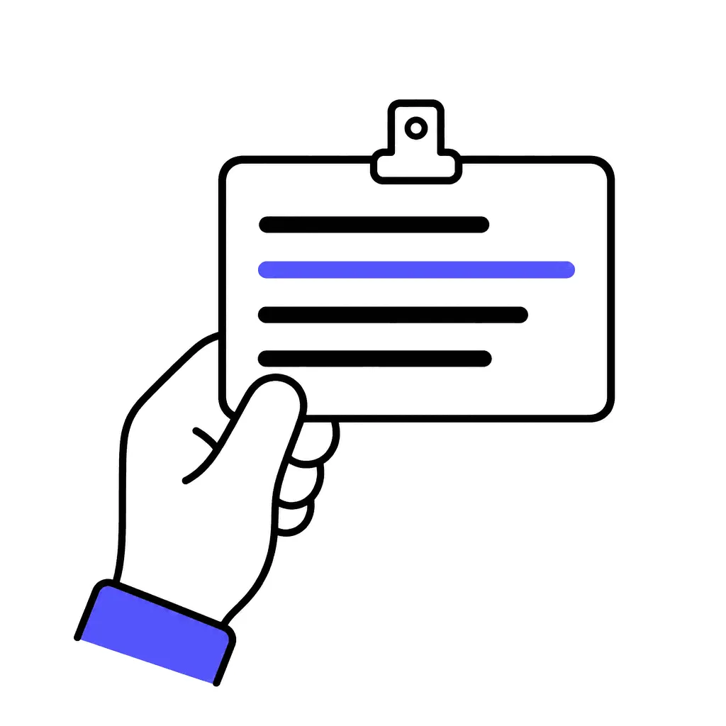 A hand holds a badge-style card with four clean paragraph lines, one highlighted.
