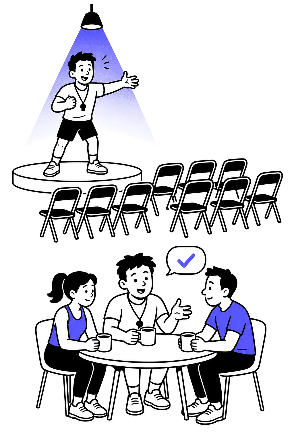 Top: a trainer gestures on a spotlit stage at empty chairs. Bottom: the same trainer talks calmly at a table with two nodding people.
