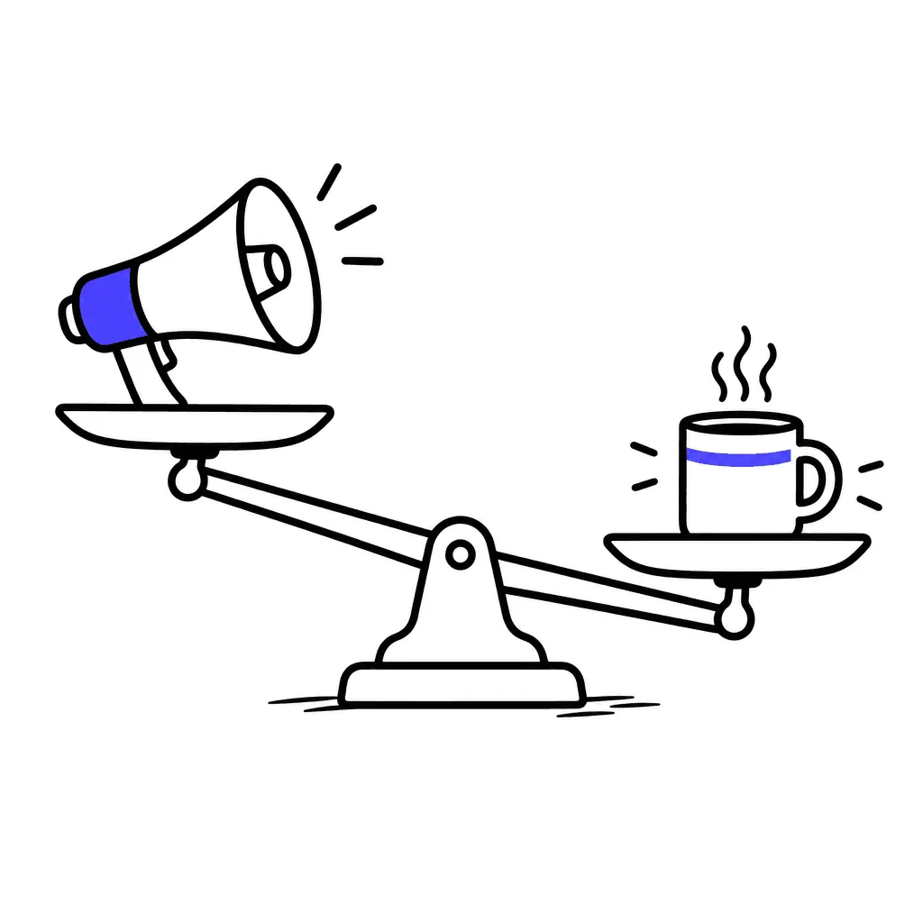 A balance scale where a small coffee mug outweighs a big megaphone.