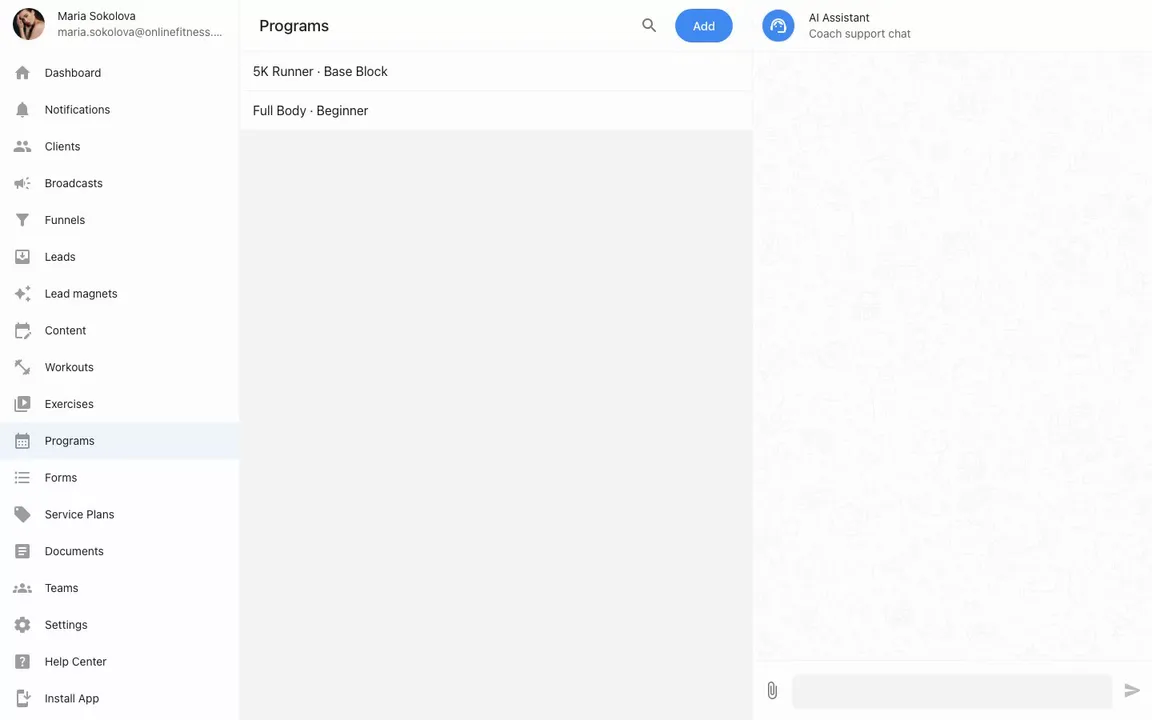 The program builder: a coach creates a program, adds a workout with exercises from the video library, a rest day, and assigns it to a client