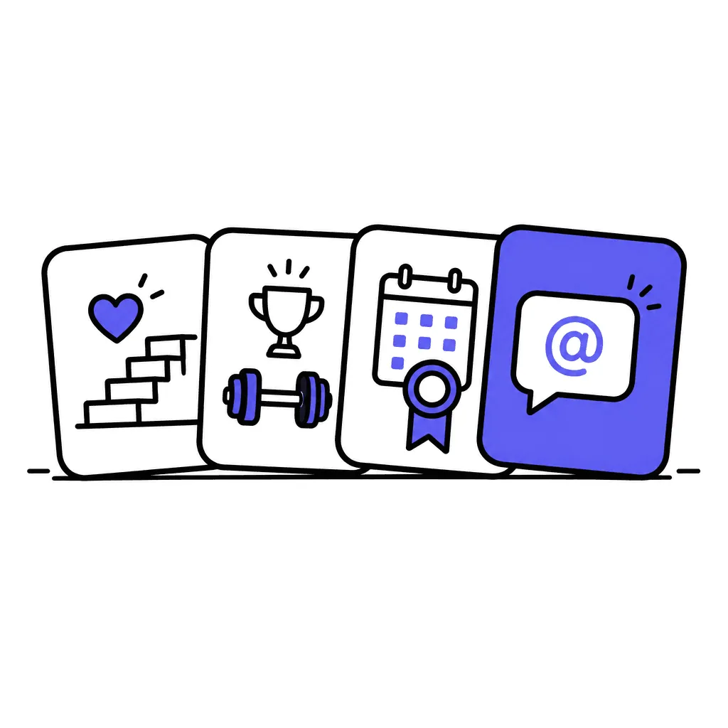 Four proof cards: a staircase with a heart, a dumbbell with a trophy, a three-year calendar, and a tag mention.