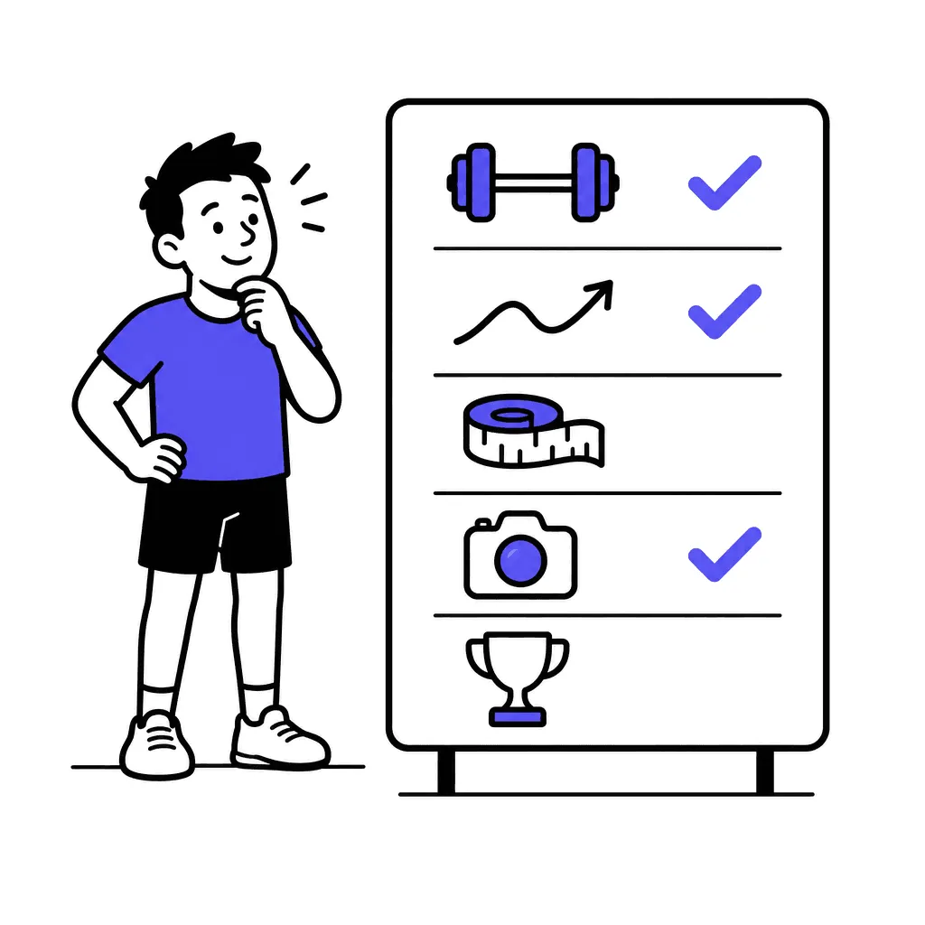 A menu board with five pictogram rows — barbell, trend line, measuring tape, camera, trophy — three marked with indigo checkmarks.