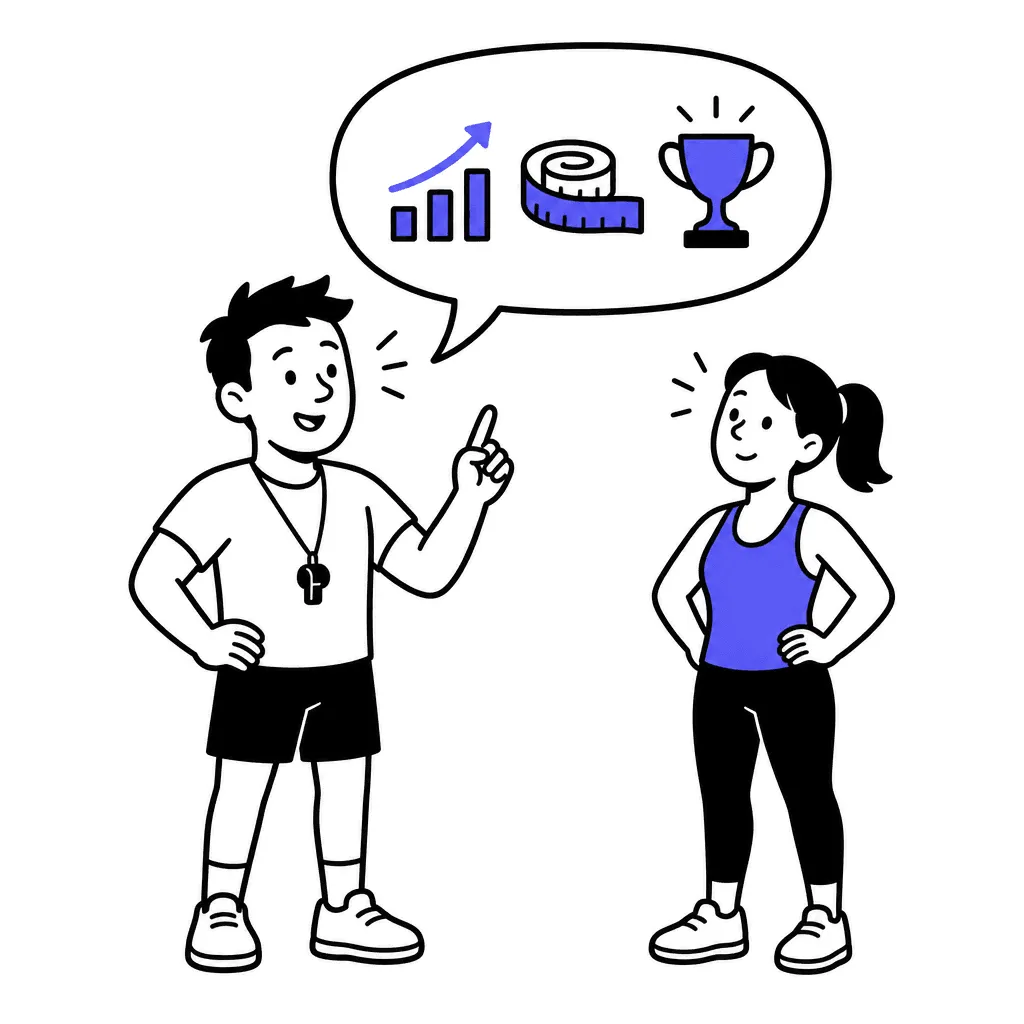 A trainer speaks; his speech bubble holds a mini rising graph, a measuring tape and a trophy while the client listens happily.