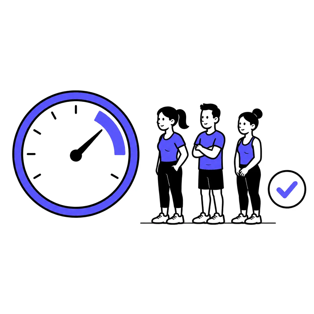 A demand gauge with the needle in the indigo zone, beside a short tidy queue and a calm checkmark.