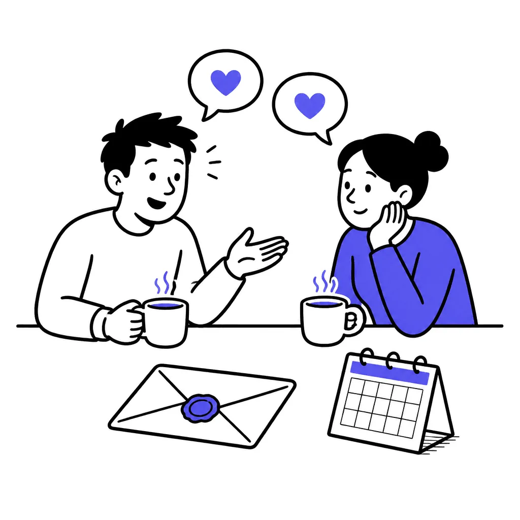 A personal letter with a wax seal beside a small calendar and two cups of tea — a conversation, not a decree.