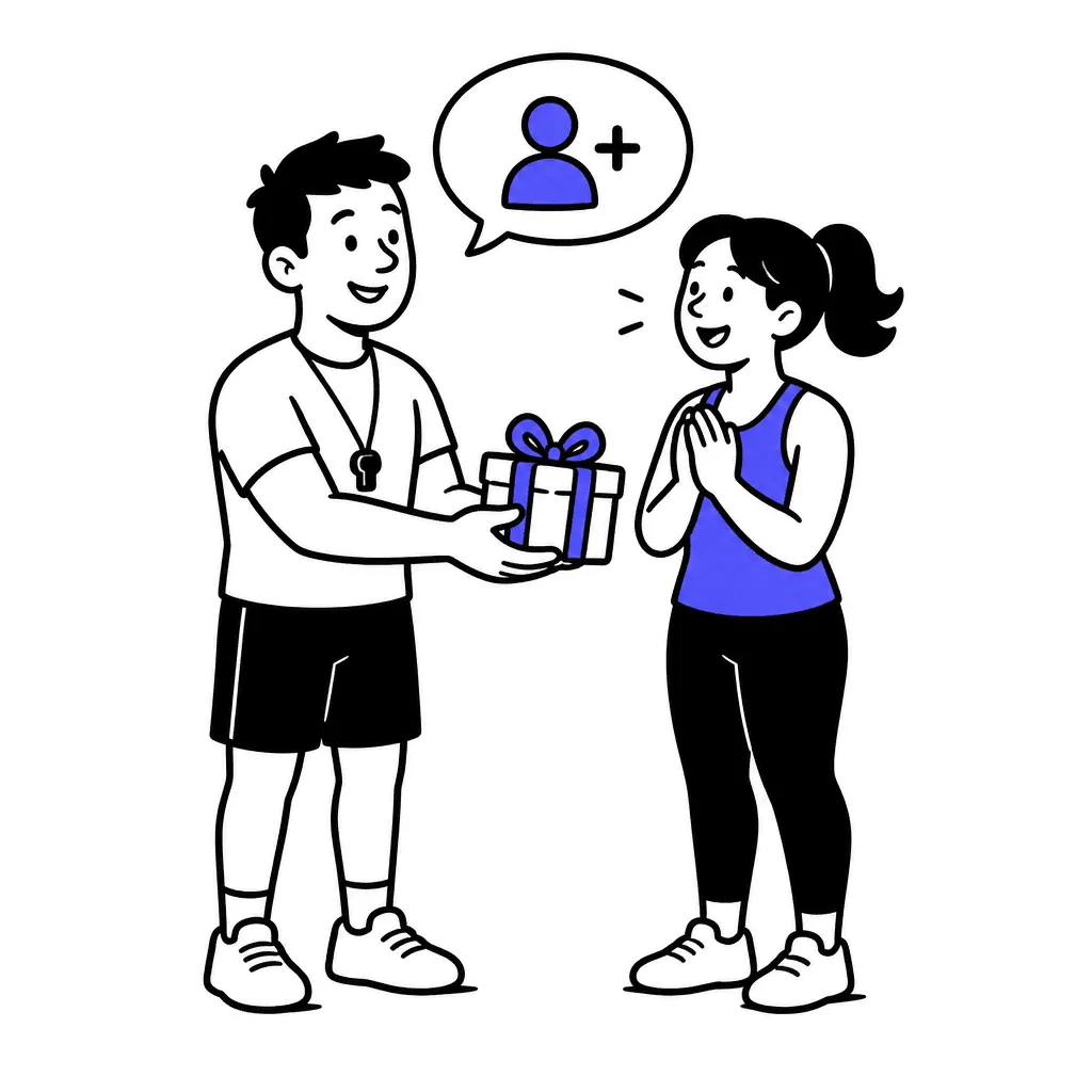 A trainer hands a small gift box with an indigo ribbon to a happy client; a plus-one silhouette floats in a bubble above.