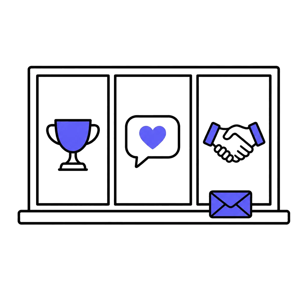 A window with three panes: a trophy, a heart in a speech bubble, a handshake — and a small indigo envelope on the sill.