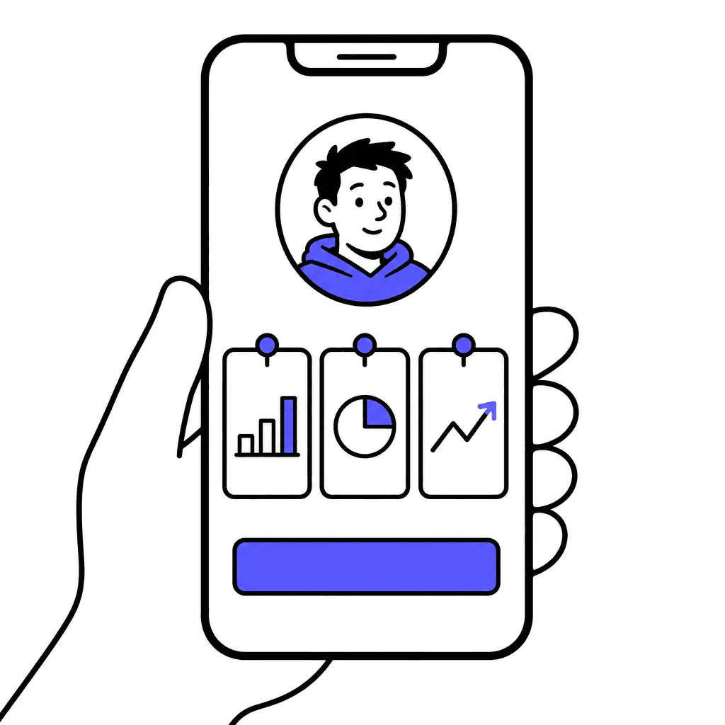 A phone drawn as a business card: avatar, three pinned cards and one big indigo button.