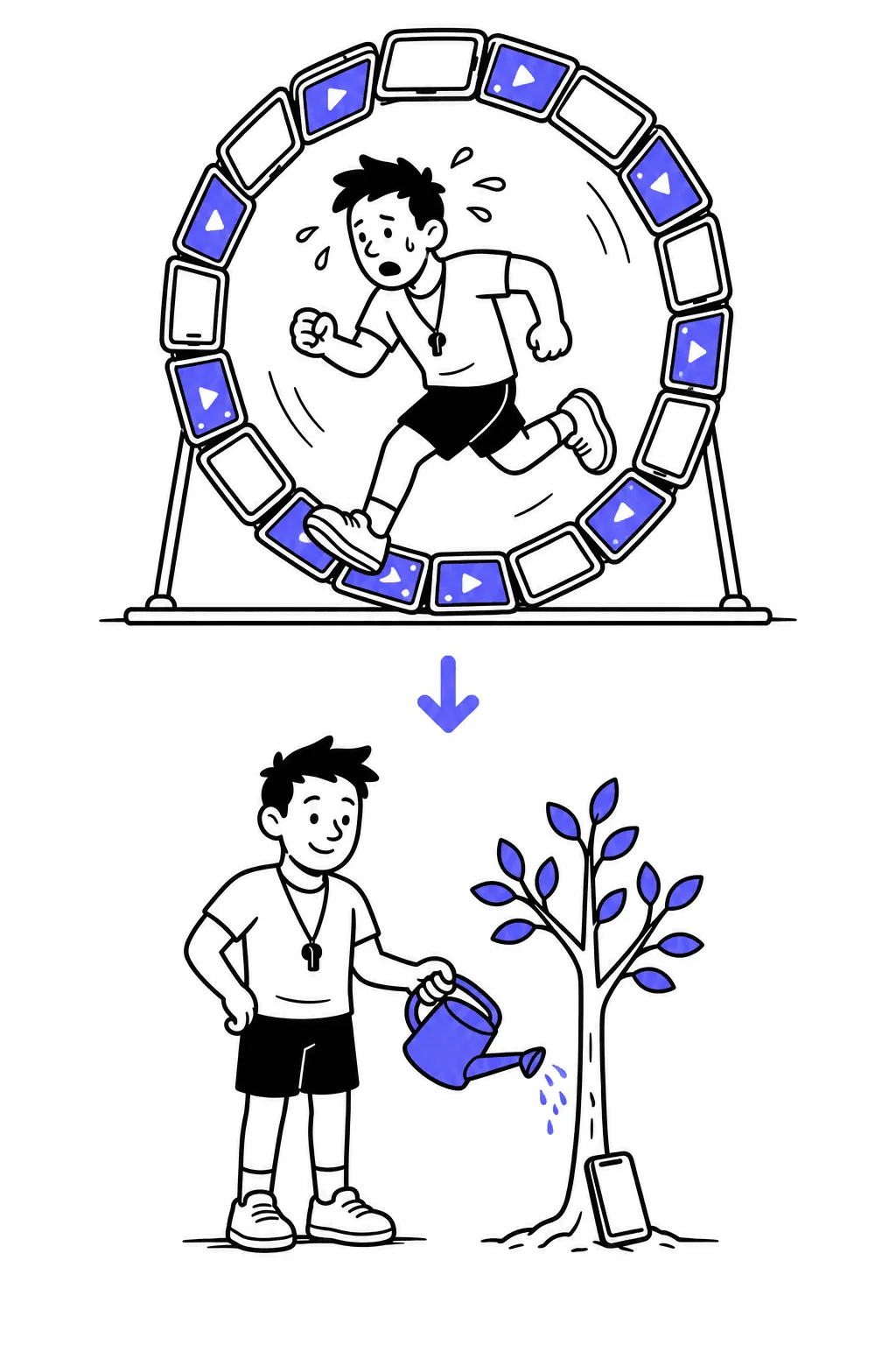 Top: an exhausted trainer runs inside a giant hamster wheel of phones. Bottom: the same trainer calmly waters a small tree with a phone-shaped sign at its roots.