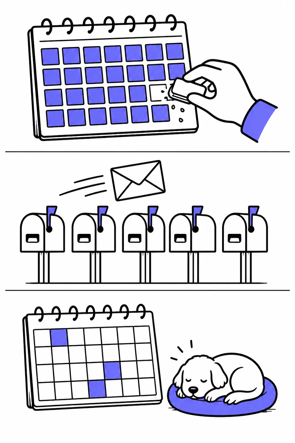 Three-panel story: a hand erasing blocks from a packed calendar; an envelope flying to a row of mailboxes; the same calendar nearly empty with a dog sleeping beside it.