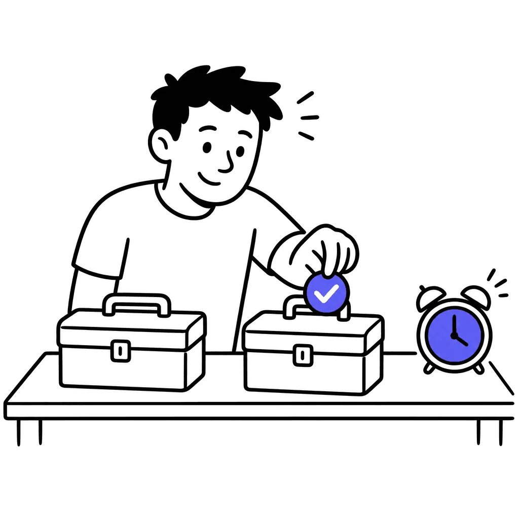 Two similar toolboxes on a table; a hand places a checkmark token on one; an alarm clock nearby.