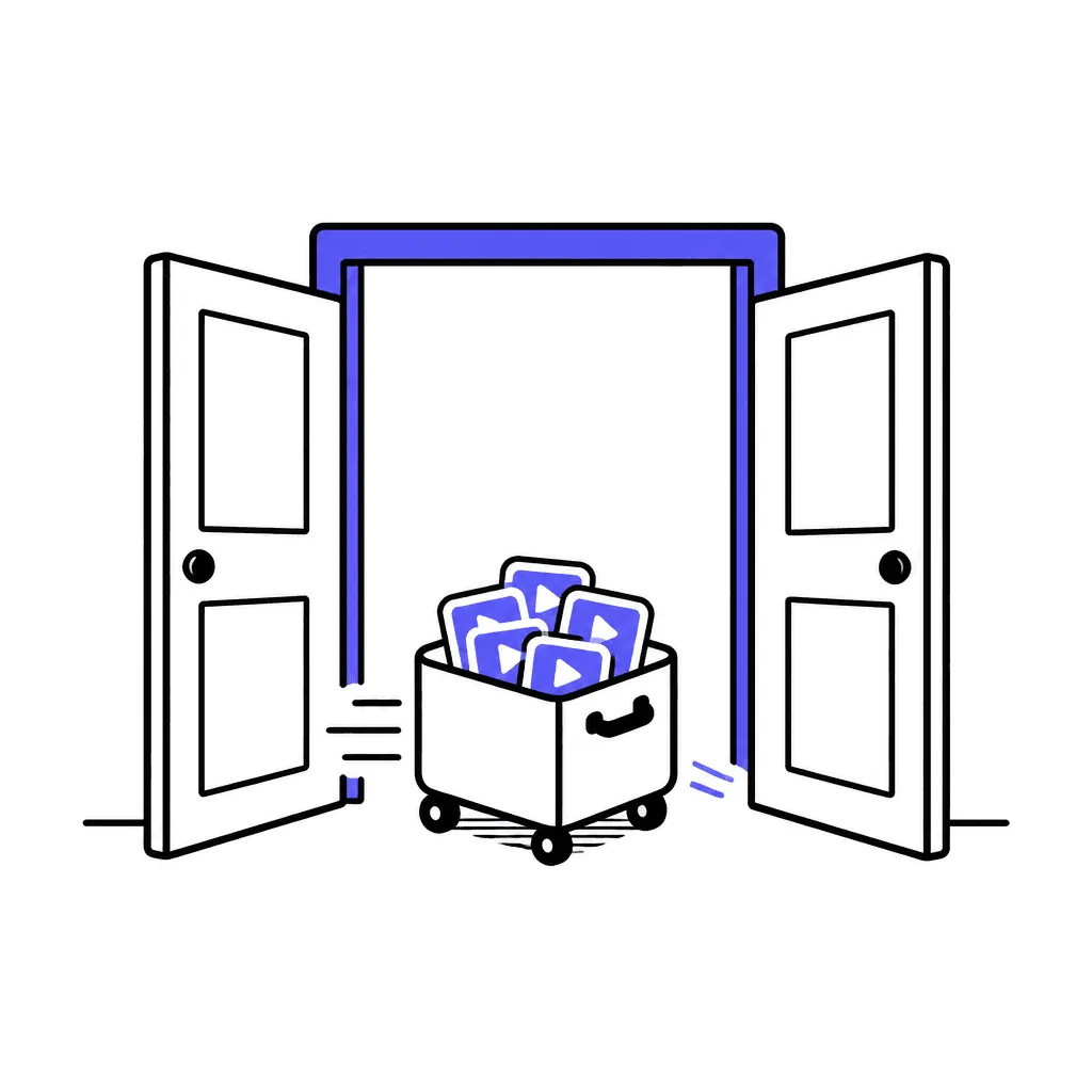 A doorway open in both directions with a suitcase of video cards rolling through.