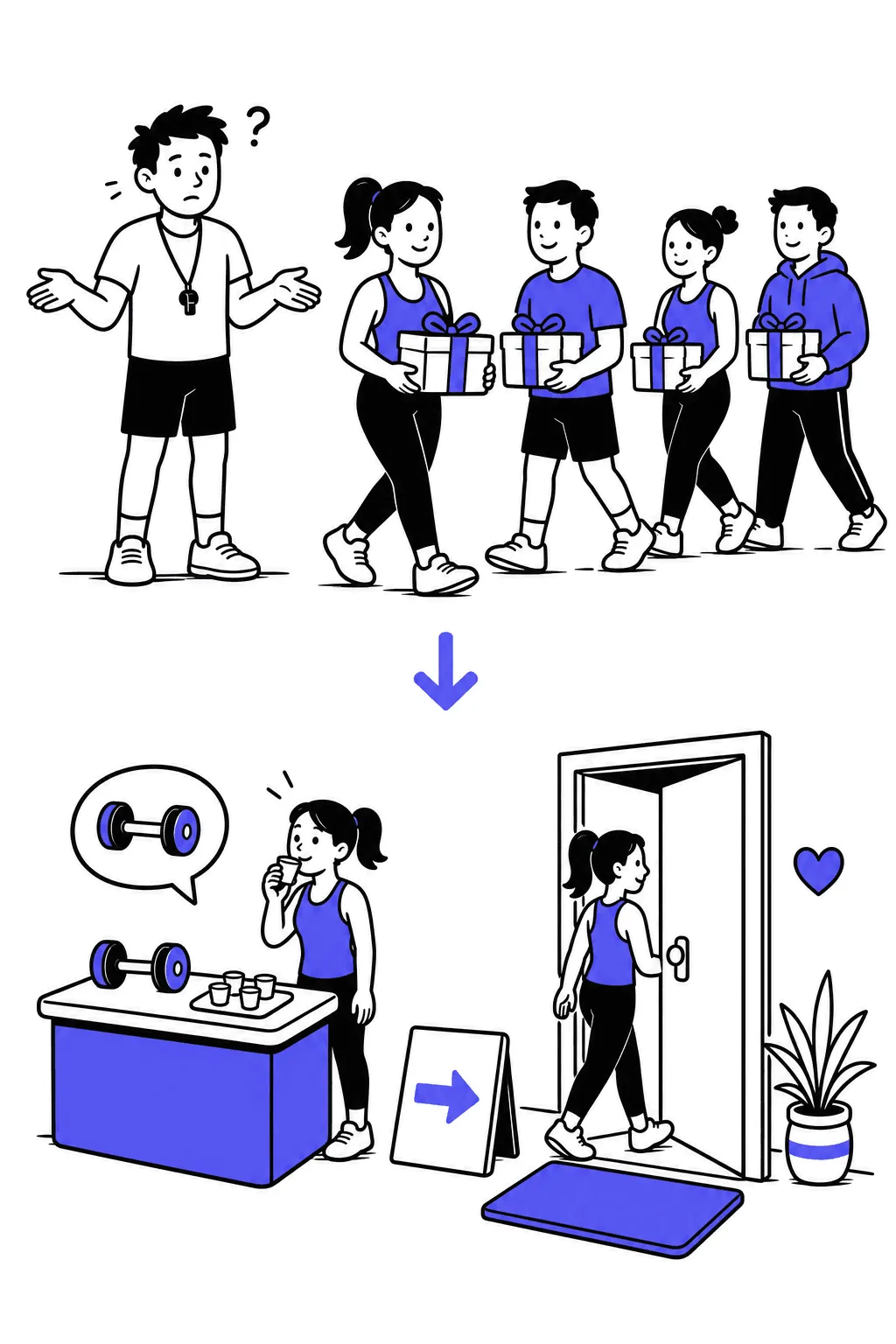 Top: a trainer hands out free boxes to a crowd walking past him. Bottom: a neat tasting stand with one sample dumbbell and an arrow to a friendly door.
