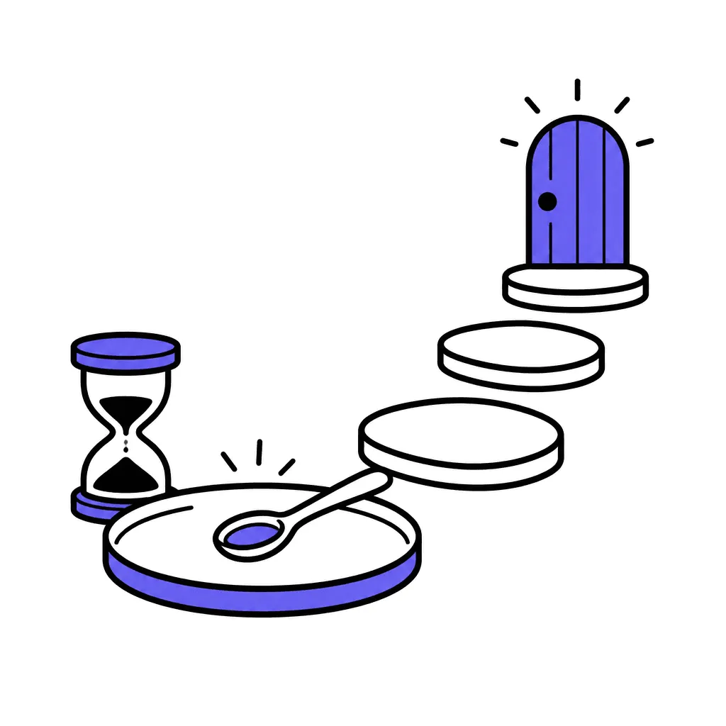 A tasting spoon on a tray beside three stepping stones ending in a small door, with an hourglass marking the limit.