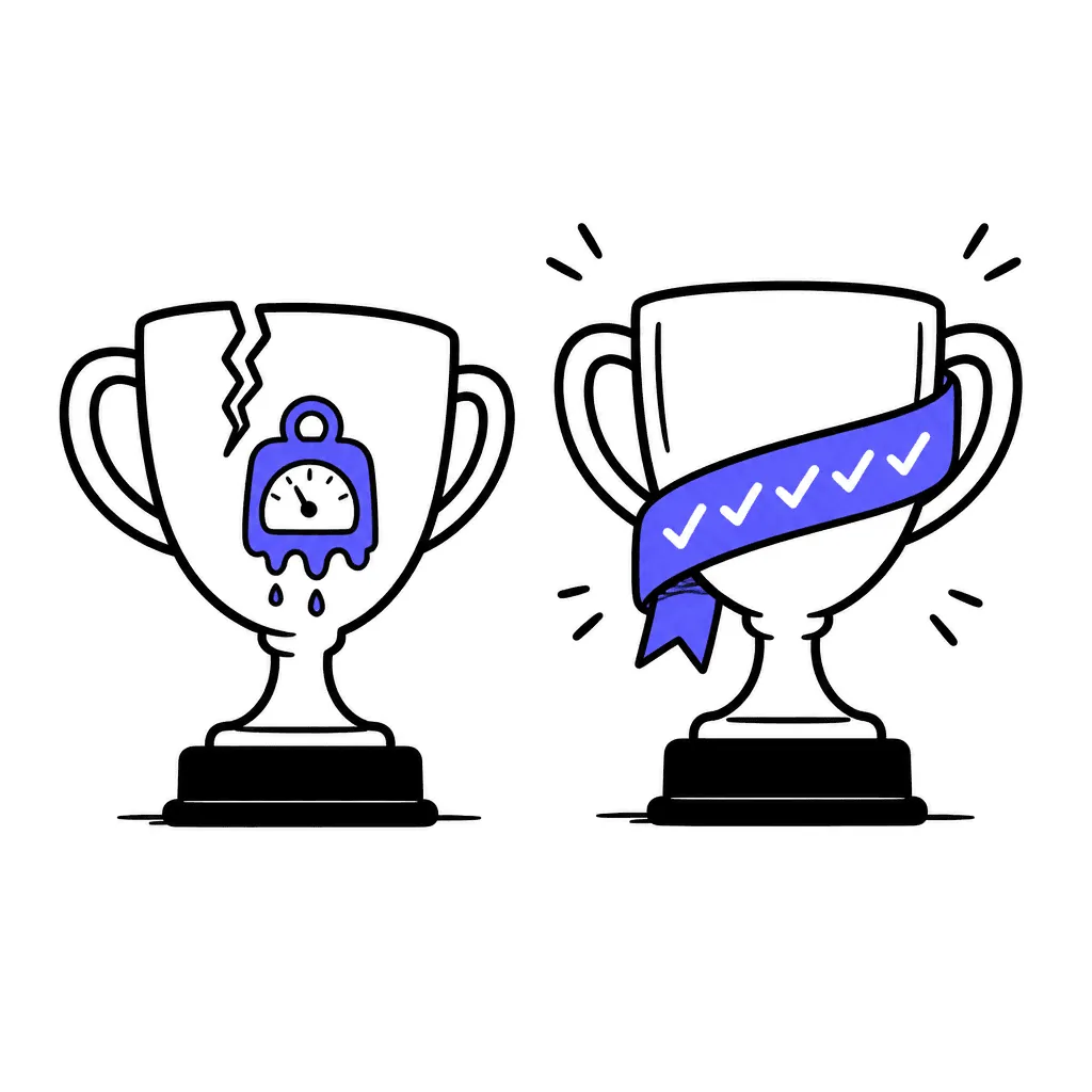Two trophies: a cracked one with a melting scale weight, and a whole one with a ribbon made of calendar checkmarks.