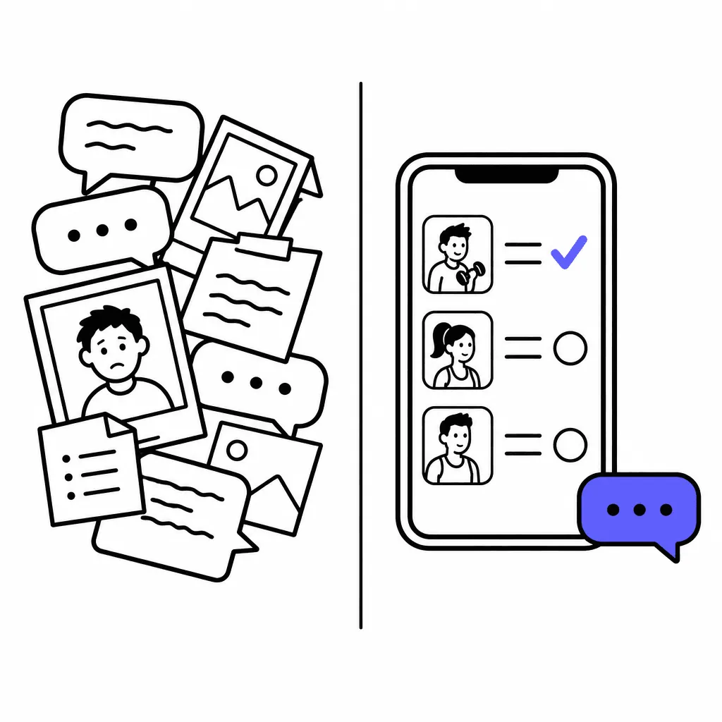 Left: a chaotic pile of chat bubbles, screenshots and notes. Right: one calm phone screen with a simple workout list, a big checkmark and a single chat bubble.